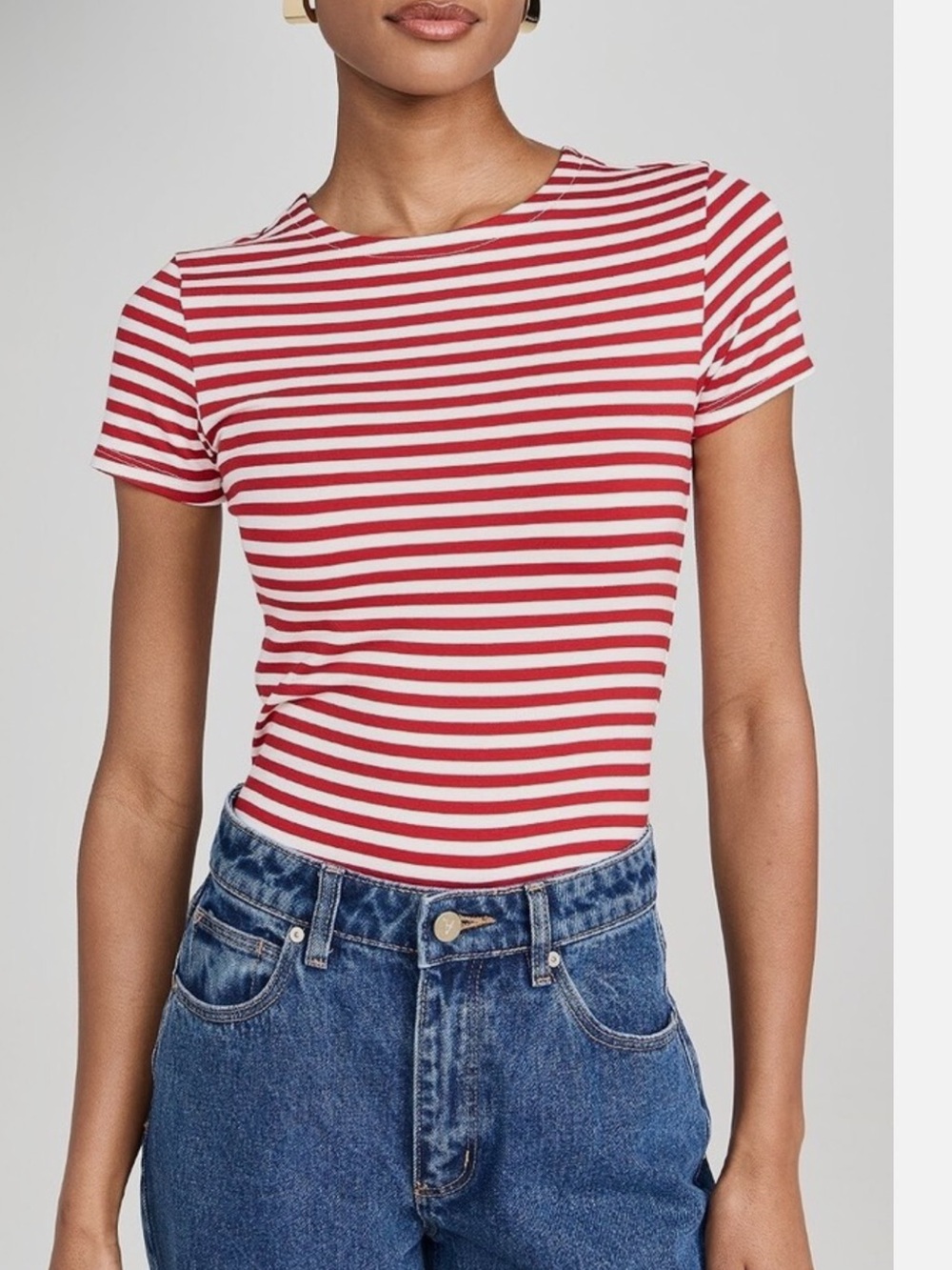 L'AGENCE Red and White Striped Short Sleeve Crewneck Tee